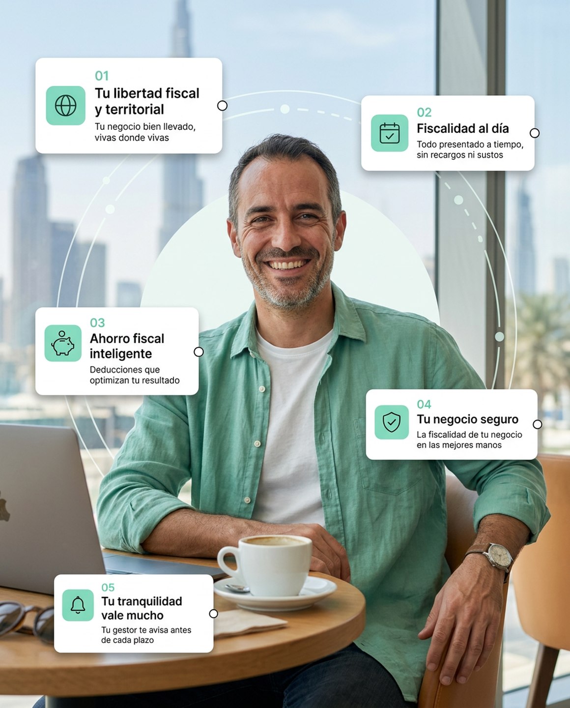 Dueño de un negocio online trabajando con el portátil, con lo que Liberfy le lleva alrededor: libertad fiscal y territorial, fiscalidad al día, ahorro fiscal, negocio seguro y el aviso de su gestor antes de cada plazo.
